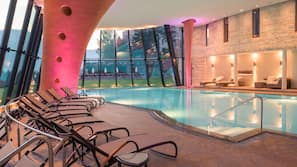 Indoor pool, open 7:00 AM to 8:00 PM, sun loungers