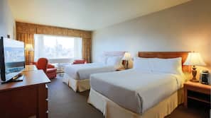 Premium bedding, desk, laptop workspace, blackout curtains