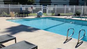 Outdoor pool, pool umbrellas, pool loungers