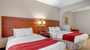 Premium bedding, desk, laptop workspace, soundproofing