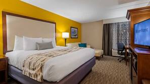 Premium bedding, pillowtop beds, desk, laptop workspace