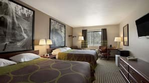 Premium bedding, pillowtop beds, desk, laptop workspace
