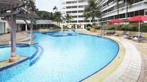 Outdoor pool, pool umbrellas, pool loungers