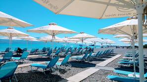 Plage à proximité, chaises longues, parasols, serviettes de plage