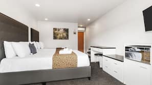 Desk, blackout curtains, free WiFi, linens
