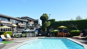 Outdoor pool, pool umbrellas, pool loungers