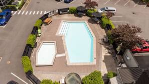 Outdoor pool, pool umbrellas, pool loungers