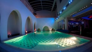 Indoor pool, seasonal outdoor pool, pool umbrellas