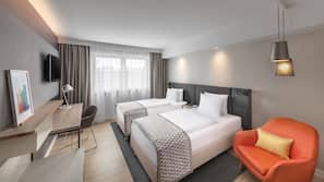 Hypo-allergenic bedding, desk, blackout drapes, soundproofing