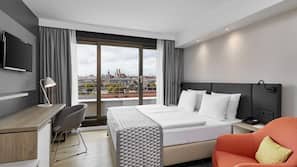 Hypo-allergenic bedding, desk, blackout drapes, soundproofing