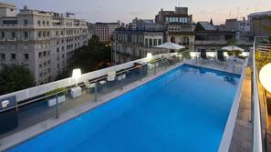 Outdoor pool, pool umbrellas, pool loungers
