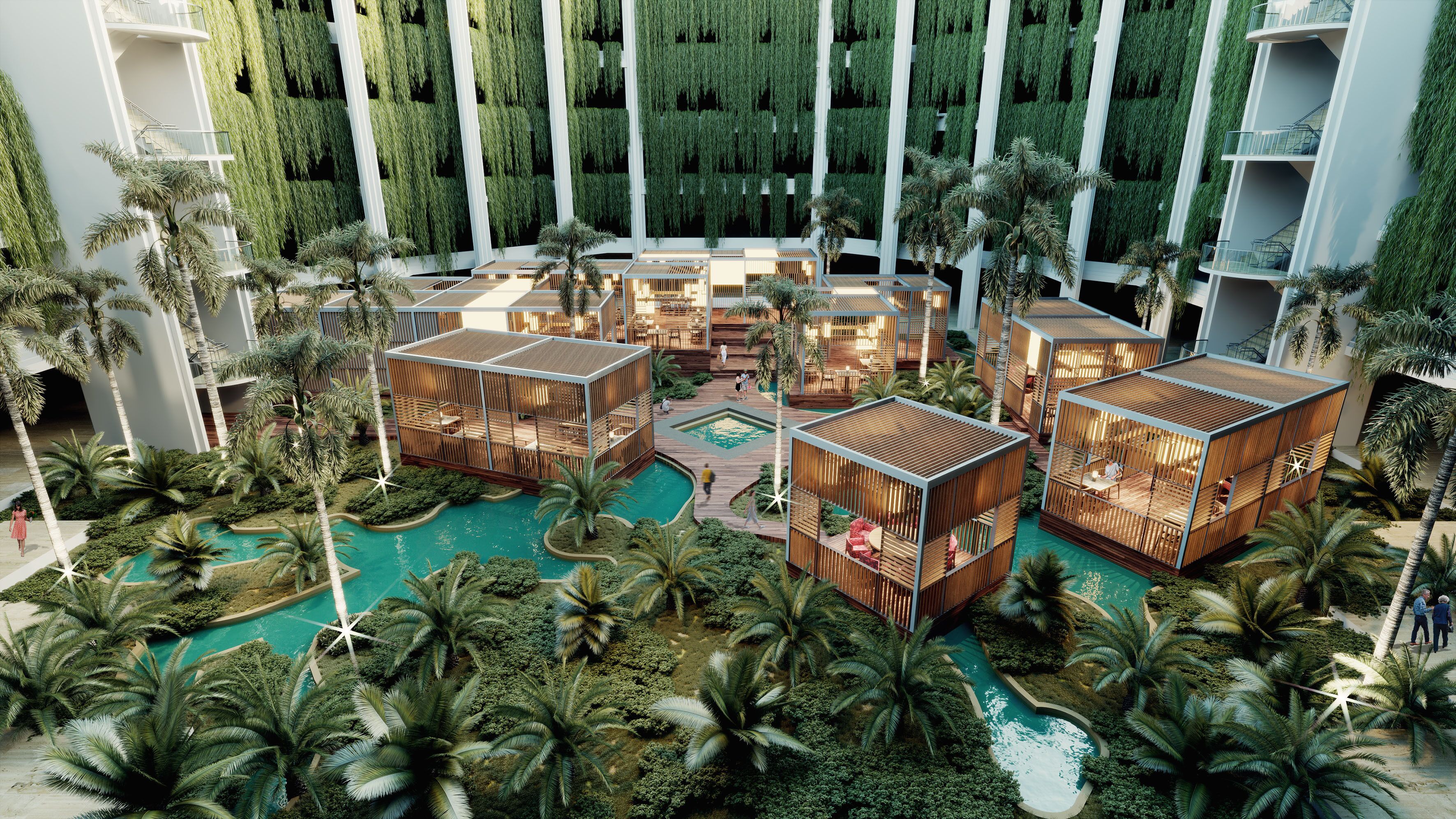 indoor lagoons and tropical plants at Paradisus Cancun Resort