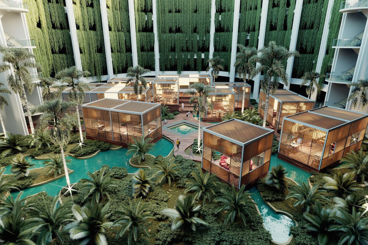indoor lagoons and tropical plants at Paradisus Cancun Resort