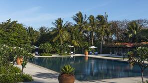 Outdoor pool, pool umbrellas, pool loungers