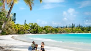 Private beach, white sand, free beach cabanas, sun-loungers
