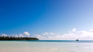 Private beach, white sand, free beach cabanas, sun-loungers