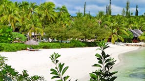 Private beach, white sand, free beach cabanas, sun-loungers
