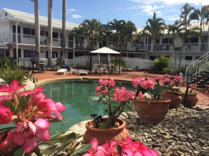 Outdoor pool, pool umbrellas