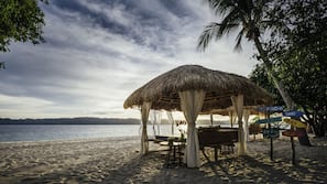 Private beach, white sand, sun-loungers, beach umbrellas
