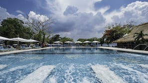 Outdoor pool, pool umbrellas, pool loungers