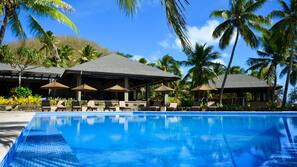 Outdoor pool, pool umbrellas, pool loungers