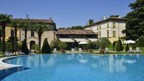 Seasonal outdoor pool, pool umbrellas, pool loungers