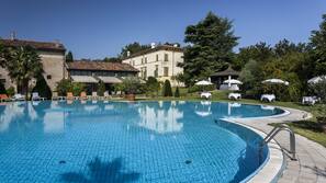 Seasonal outdoor pool, pool umbrellas, pool loungers