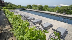 Outdoor pool, pool umbrellas, sun loungers
