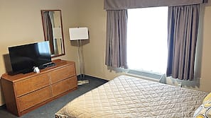 Pillow top beds, desk, blackout curtains, iron/ironing board