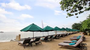 Private beach, white sand, sun-loungers, beach umbrellas