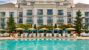 Indoor pool, outdoor pool, free pool cabanas, pool umbrellas