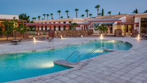 Outdoor pool, pool umbrellas, sun loungers