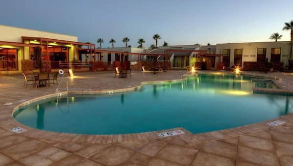 Outdoor pool, pool umbrellas, sun loungers
