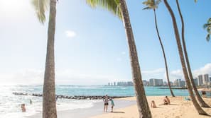 Beach nearby, white sand, sun loungers, beach umbrellas