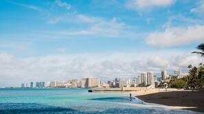 Beach nearby, white sand, sun loungers, beach umbrellas