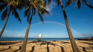 Beach nearby, white sand, sun loungers, beach umbrellas