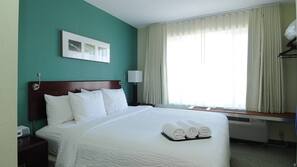 Premium bedding, desk, blackout drapes, iron/ironing board