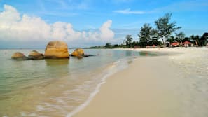 Private beach, white sand, sun-loungers, beach umbrellas