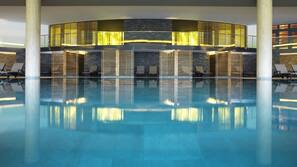 Indoor pool, outdoor pool, pool umbrellas, pool loungers