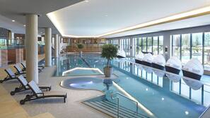 Indoor pool, outdoor pool, pool umbrellas, pool loungers