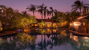 Outdoor pool, pool umbrellas, pool loungers