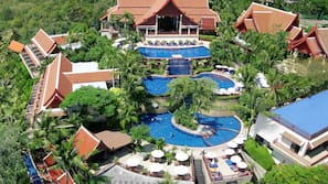 Outdoor pool, pool umbrellas, pool loungers