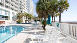 Indoor pool, outdoor pool, sun loungers