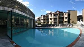 Indoor pool, seasonal outdoor pool, pool umbrellas