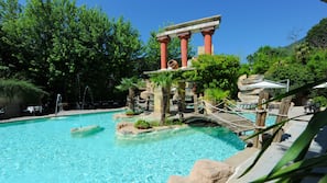 Indoor pool, outdoor pool, pool umbrellas, sun loungers