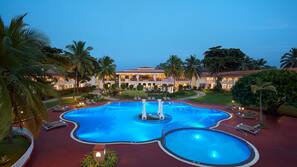 Outdoor pool, pool umbrellas, pool loungers