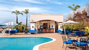 Outdoor pool, pool umbrellas, pool loungers