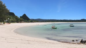 Private beach, white sand, free beach cabanas, sun-loungers