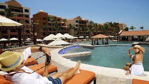 5 outdoor pools, pool umbrellas