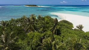 Sable blanc, cabines gratuites, serviettes de plage, ski nautique